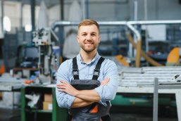 Portrait of factory worker. Young handsome factory worker.